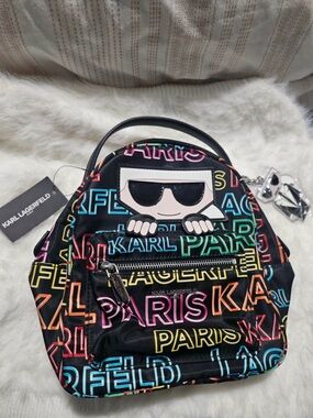 Karl Lagerfeld Black Mini Backpack with Neon Multi 'Paris' Script